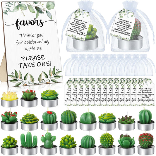 MTLEE 36 Sets Succulent Candles Baby Shower Favors for Guests Include 36 Plant Tealight Candles 36 Thank You Tags 36 Organza Bags Wooden Standing Sign for Gender Reveal Gifts(Greenery)