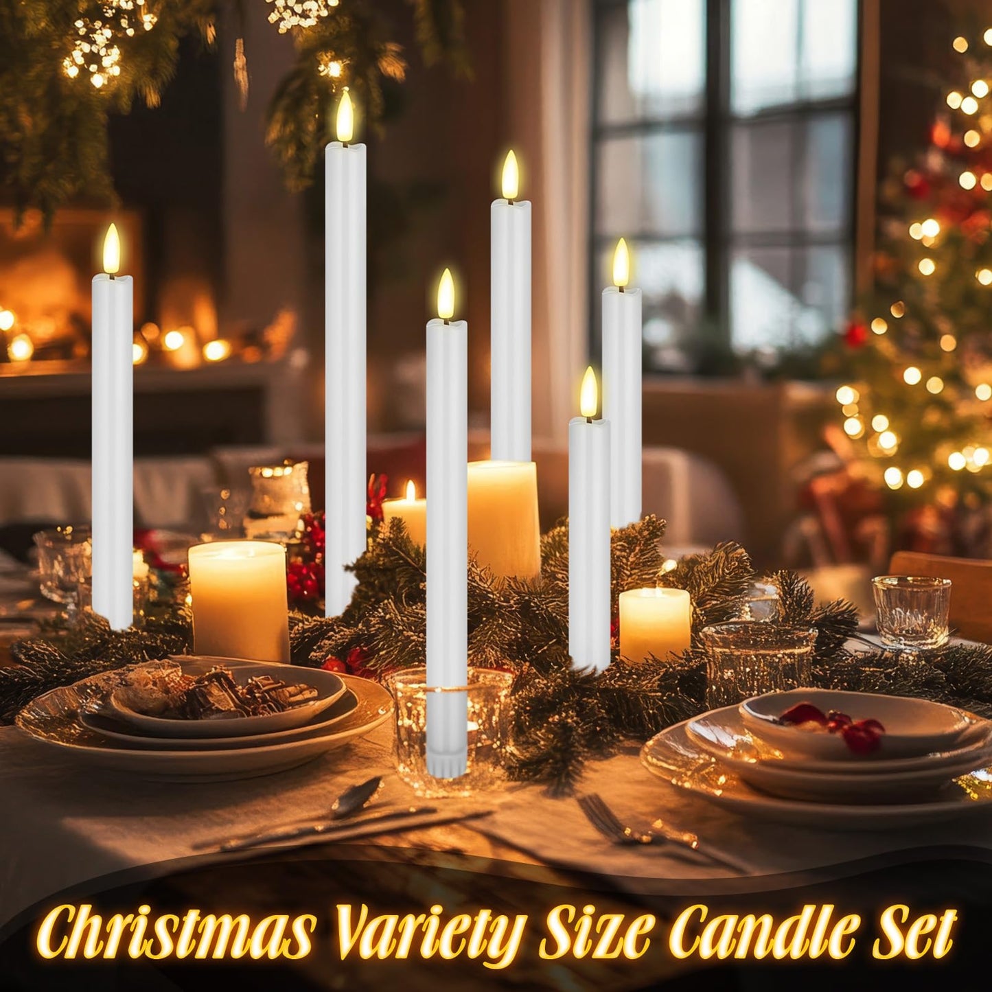 Rossesay 20 Pcs Flameless LED Taper Candles Battery Operated Taper Candles 5 Sizes of 6.5'', 7.7'', 8.8'', 10.0'', 11.2'' Flameless Candlesticks Flickering with 3D Flame for Wedding (White)