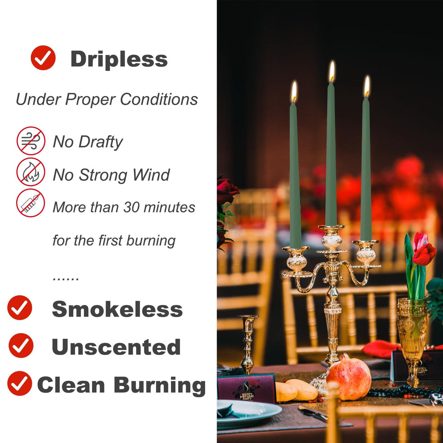 8 Pack 10 Inch Green Taper Candles for Christmas Candles for Home Decor Dinner Party Celebrations Wedding Shower