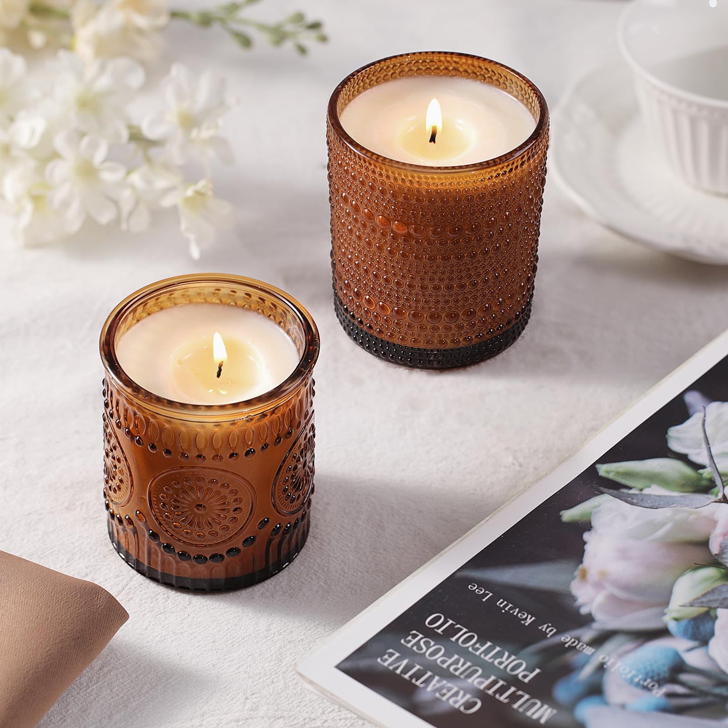 DARJEN 12 Pack Amber Candle Jars for Making Candles- 3 Styles Glass Candle Making Jars Bulk with Bamboo Lids and Labels, Candle Making Supplies Candle Vessels for Home Decor