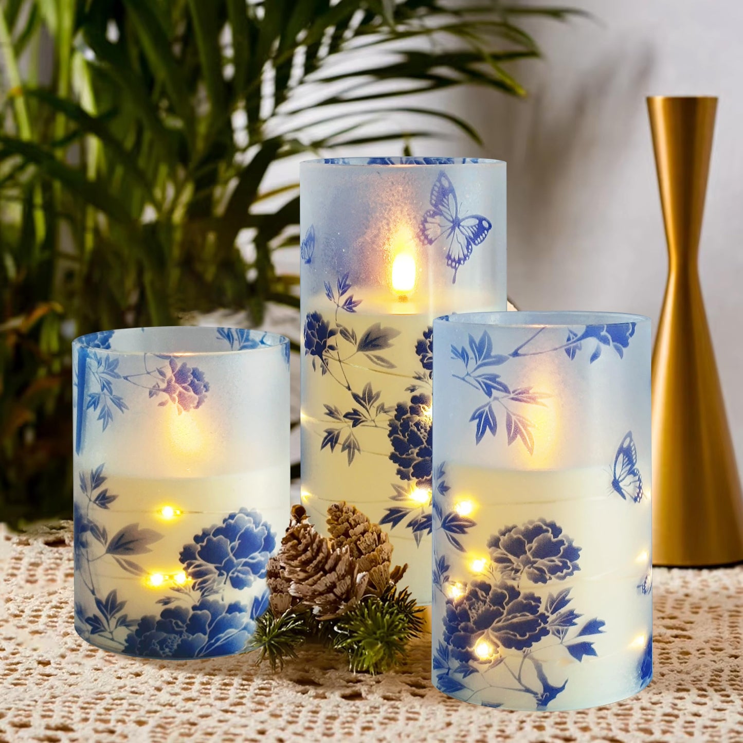 Flickering Flameless Candles Blue Peony Print Embedded Star String Lights, Battery Operated Acrylic LED Pillar Candles with 11-Key Remote and Timer for Home Decoration, 3 Pack