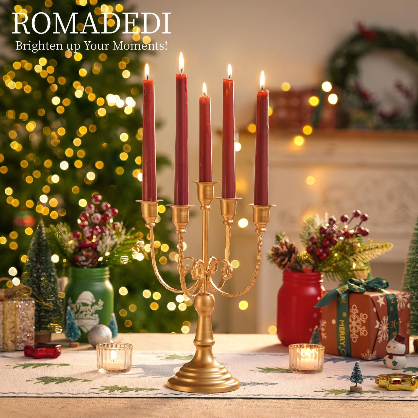 Romadedi Candelabra Gold Candle Holders - 5 Arm 11.8" Wedding Candlestick Holder for Theme Party Table Centrepiece Decor Dining Room Birthday Holiday Christmas