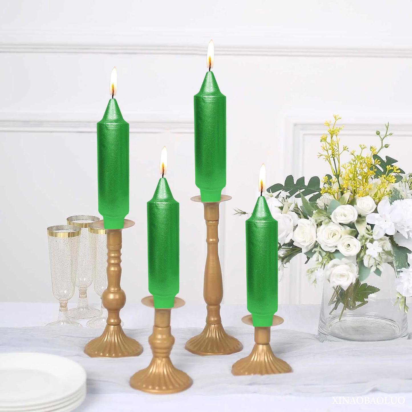 Christmas Metallic Green Candle 5 Inch Short Smokeless Taper Candles 4 Pack Unscented Dinner Candle for Christmas Dinner