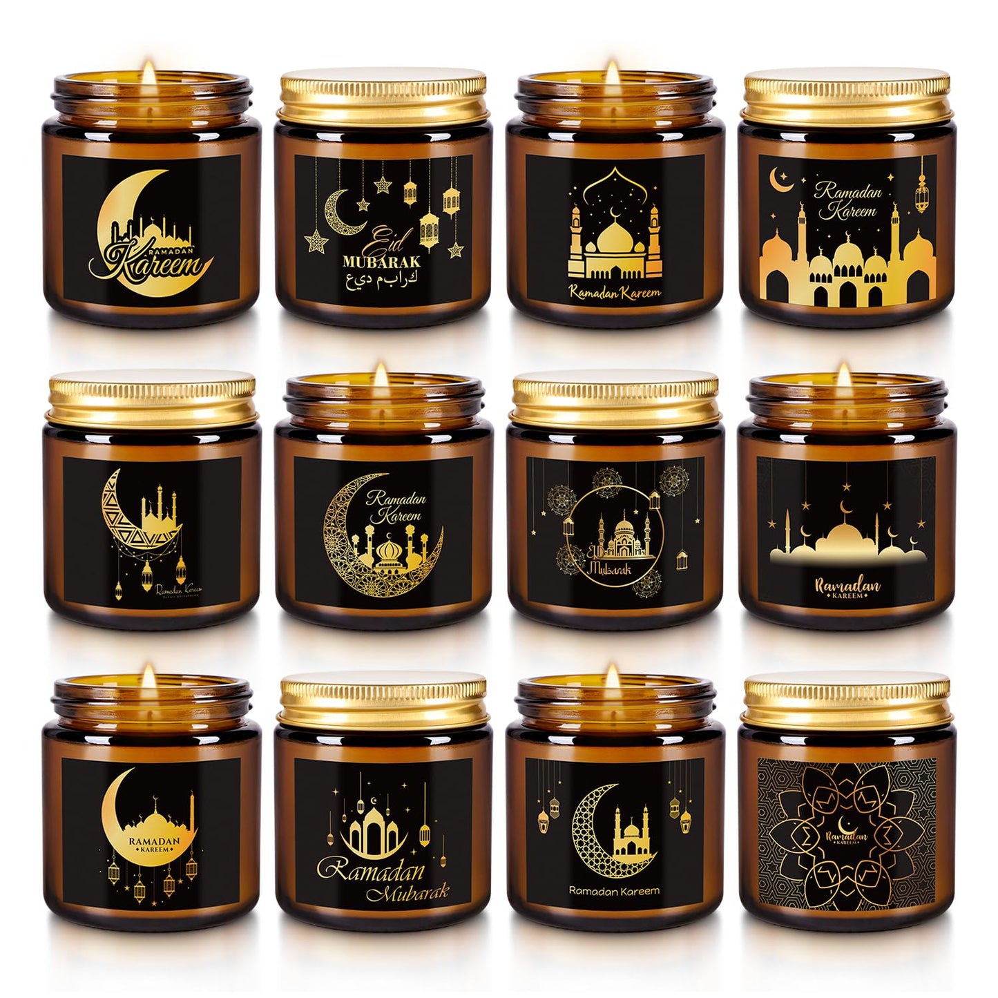 12pack Ramadan Scented Candles 3.5oz Soy Wax，Muslim Islamic Party Favors Gifts Glass Jar Candles for Home Happy Eid Festival Decor(Brown,Pattern)