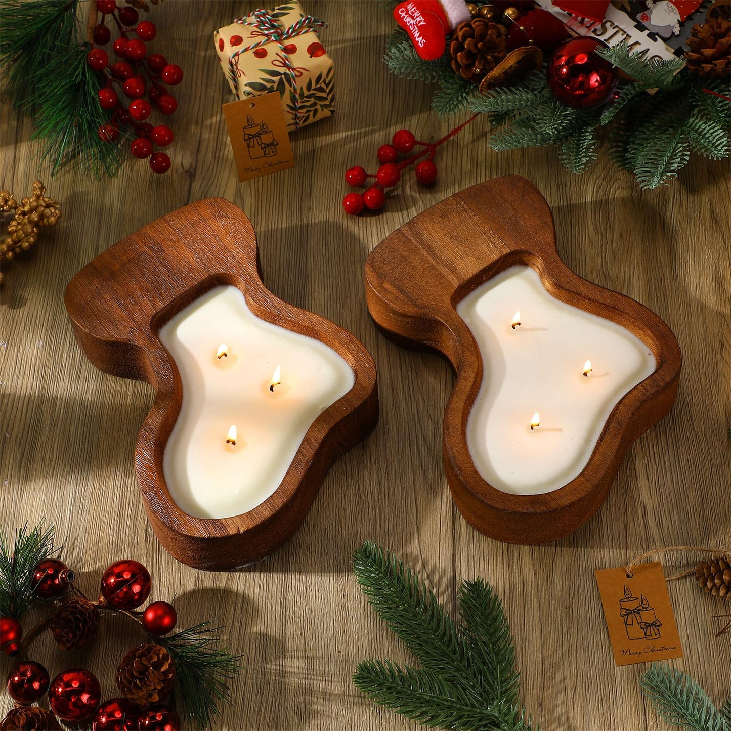MTLEE 2 Pack Christmas Wood Dough Bowl Candle Socking Wooden Candle Bowl 3 Wick Xmas Farmhouse Decoration with Berries Pine Label for Christmas Table Centerpiece Birthday Gift Home Party Decor