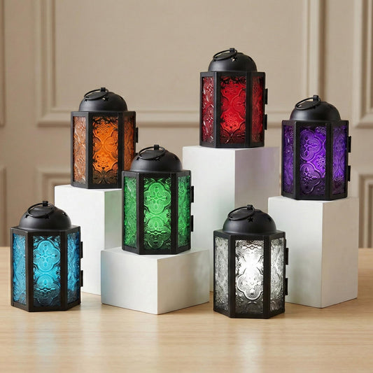 VELA LANTERNS Mini Moroccan Tea Light Candle Holder Lanterns – 4.25" Small Decorative Lantern for Table or Hanging, Metal with Glass Panels – Ramadan, Wedding, Home Decor, Assorted (Set of 6)