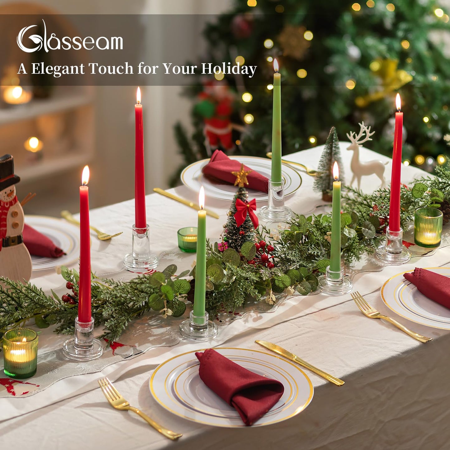 Glasseam Glass Taper Candle Holders: Set of 3 Tapered Candlestick Holders Small Clear Candle Sticks Holder Decor for Table Centerpiece Wedding Dining Room Home Decorations
