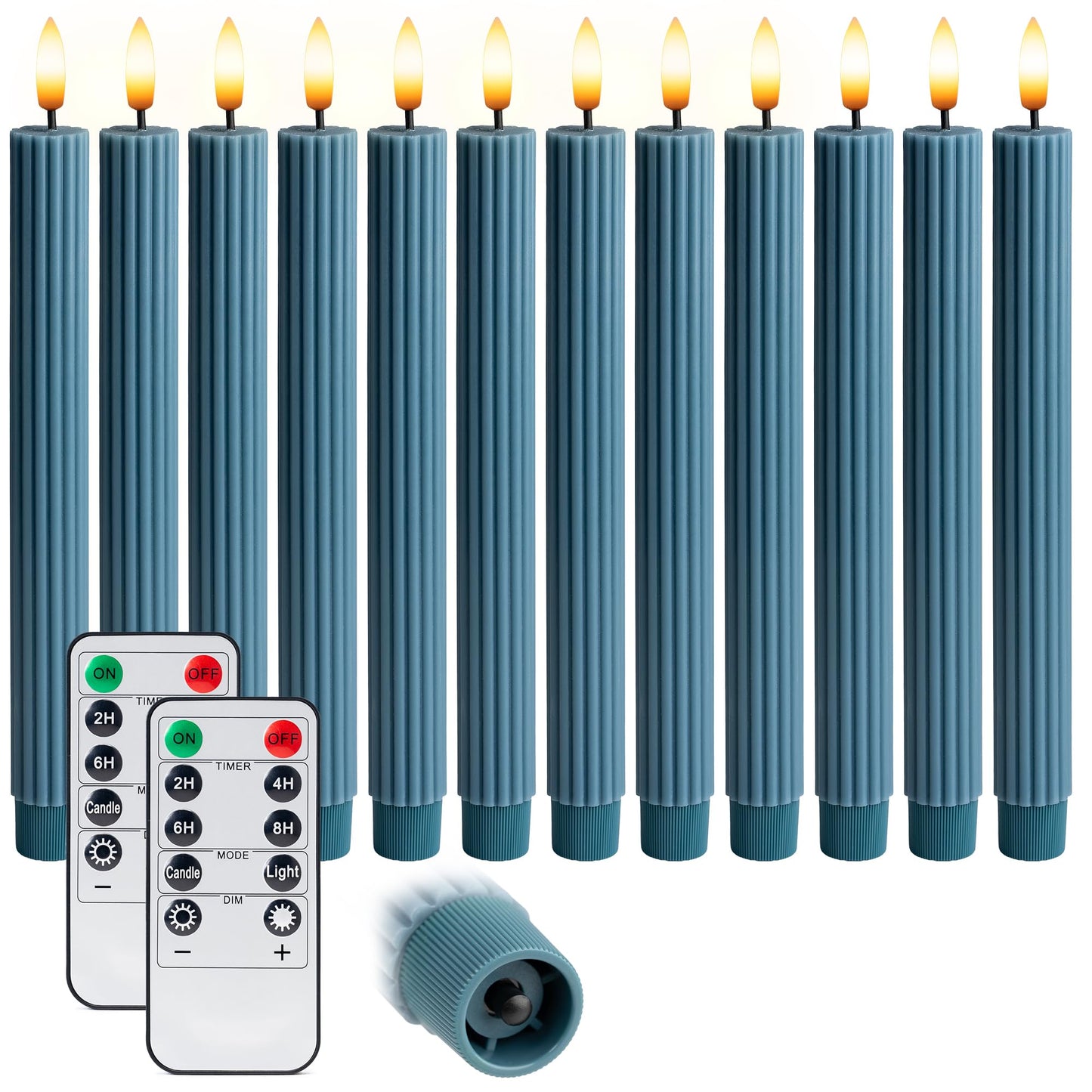 West Ivory 12 Pack, 10" LED Flameless Blue Fluted Ribbed Grooved Taper Candles with 2 Remotes & 24h Timer Memory, On/Off Button, Dimmable, Flicker Mode, Battery Operated, Christmas Menorah Wedding
