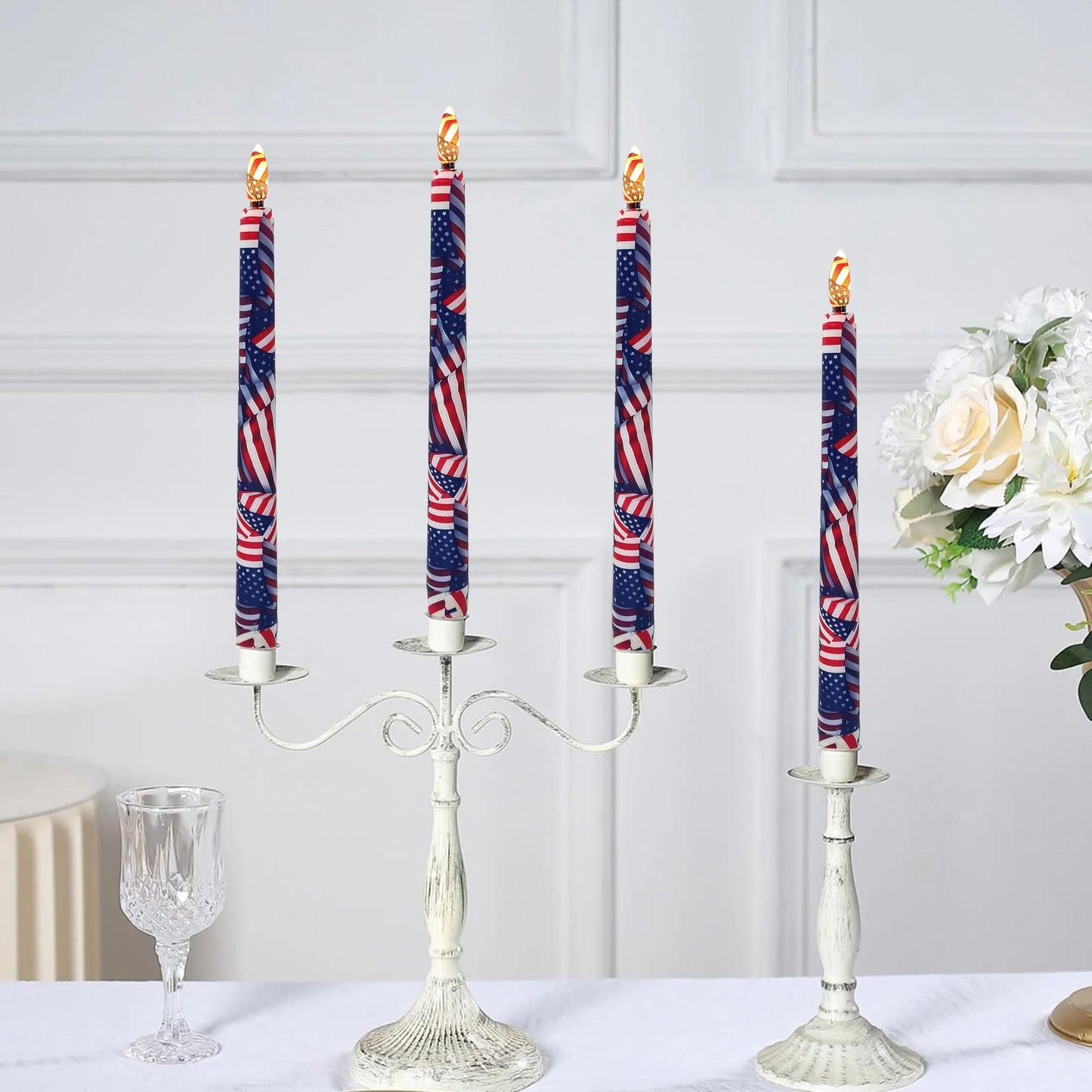 6PCS Patriotic US Flag Stars and Stripes Flameless Taper Candles, 11 Inch LED Candlesticks Battery Operated with 11-Key Remote and Timer, 3D Flickering Flame Lights for Wedding Party Home Decor Gifts