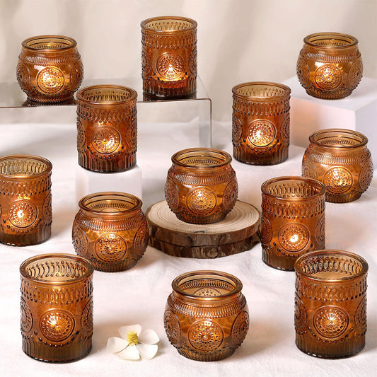 DARJEN 24Pcs Amber Votive Candle Holders - Vintage Glass Candle Holder, Candle Holders Bulk for Wedding & Home Decoration, Tea Lights Candle Holders for Festival Party Gift