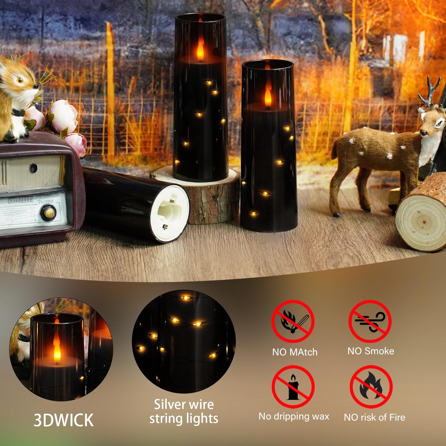Flameless Candles,with Embedded Star String, Battery Operated Candles Flickering LED Pillar Candles with Remote Control and Timer, Home Decoration Add a Warm and Romantic Atmosphere，Set of 7 (Black)