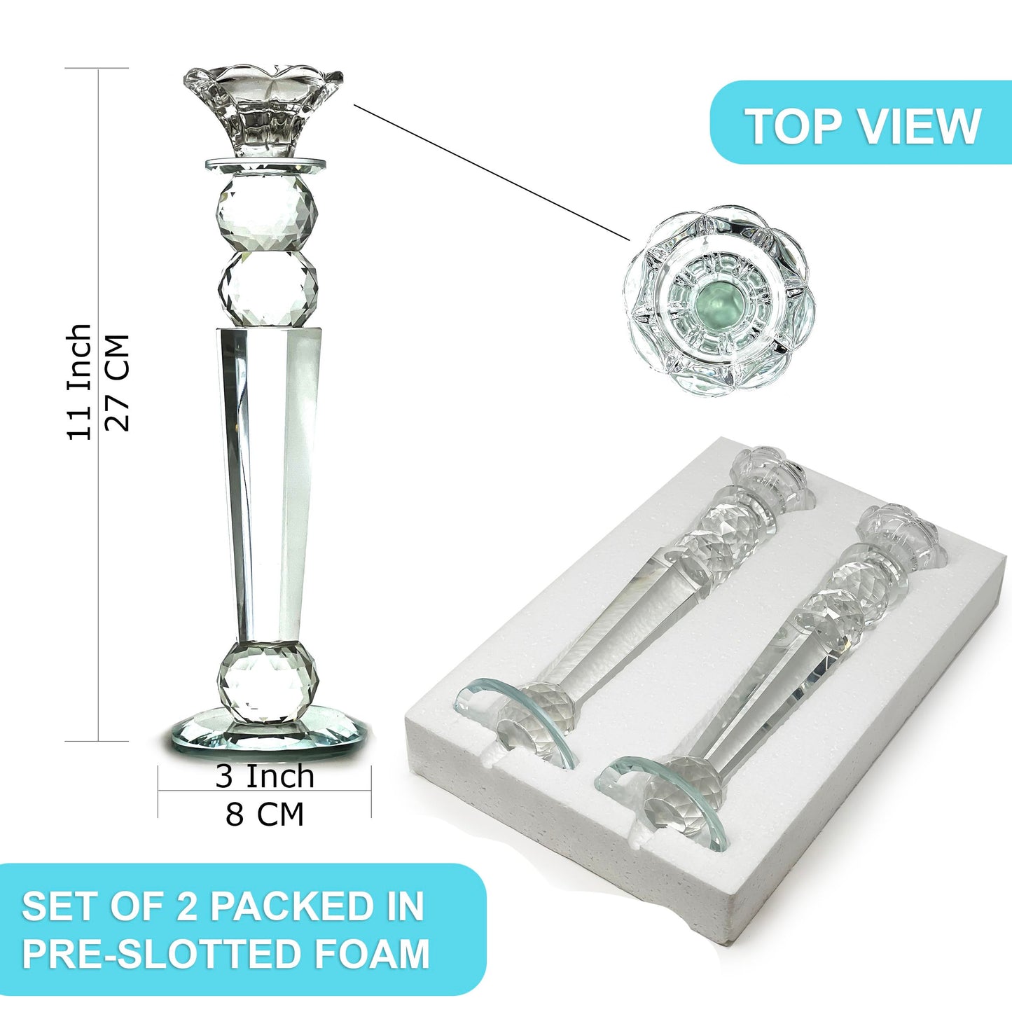 Allgala Set of 2 Crystal Candlestick Reverse Tapered Shaped Pillar and Hand Crafted Ball Candlesticks-11-HD89153-Home Decorative Candle Holders for Wedding, Dining, Party, Gift