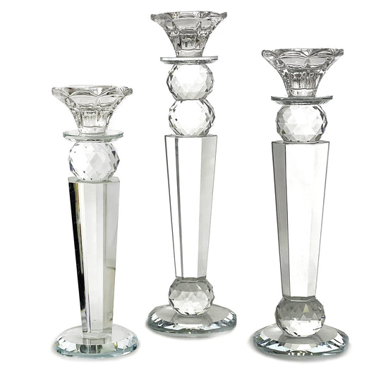 Allgala Set of 3 Crystal Glass Made Reverse Tapered Pillar and Hand Crafted Ball Candlesticks - 8.5,10,11 Inches -HD89154