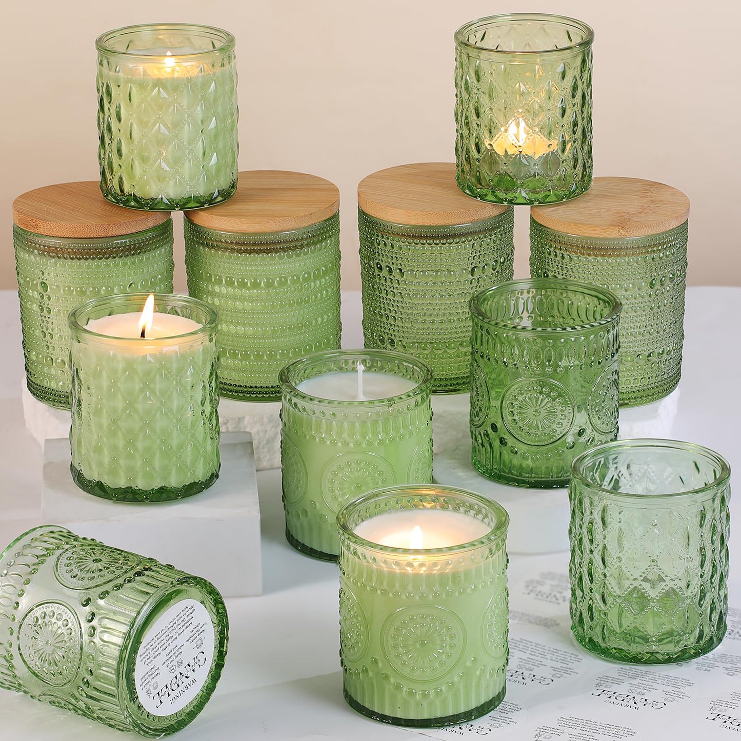 DARJEN 12 Pack Green Candle Jars for Making Candles- 3 Styles Glass Candle Making Jars Bulk with Bamboo Lids and Labels, Candle Making Supplies Candle Vessels for Home Decor