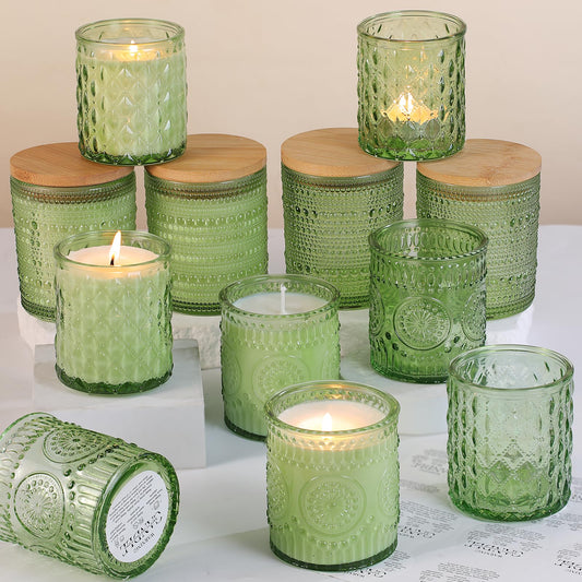 DARJEN 12 Pack Green Candle Jars for Making Candles- 3 Styles Glass Candle Making Jars Bulk with Bamboo Lids and Labels, Candle Making Supplies Candle Vessels for Home Decor