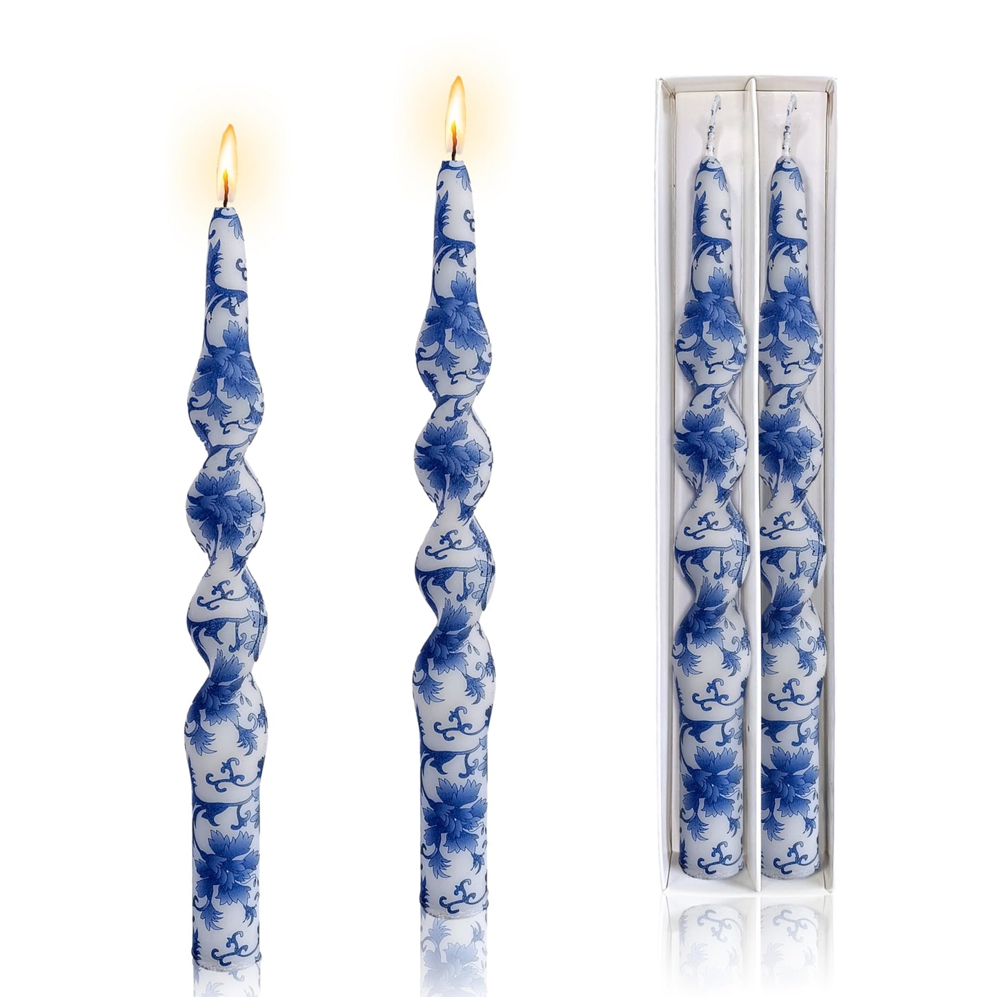 Blue White Porcelain Spiral Candles Sticks Floral Twisted Taper Candles 10 in Hand Printed Taper Candle for Home Garden Decor, 2Pcs