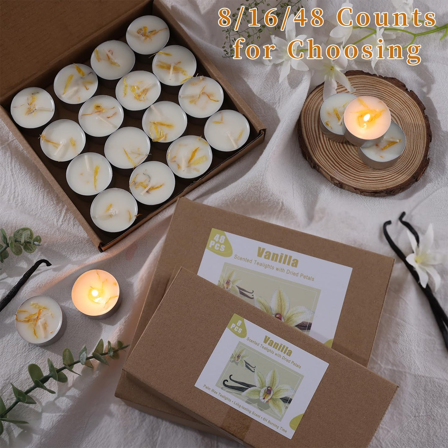 8 Pcs Vanilla Scented Tealight Candles, 6H Long Burning - 100% Palm Wax Based Scented Tea Lights with Dried Flowers, Non-Toxic/Smokeless Tea Lights Candles Bulk for Spa, Bath, Wedding
