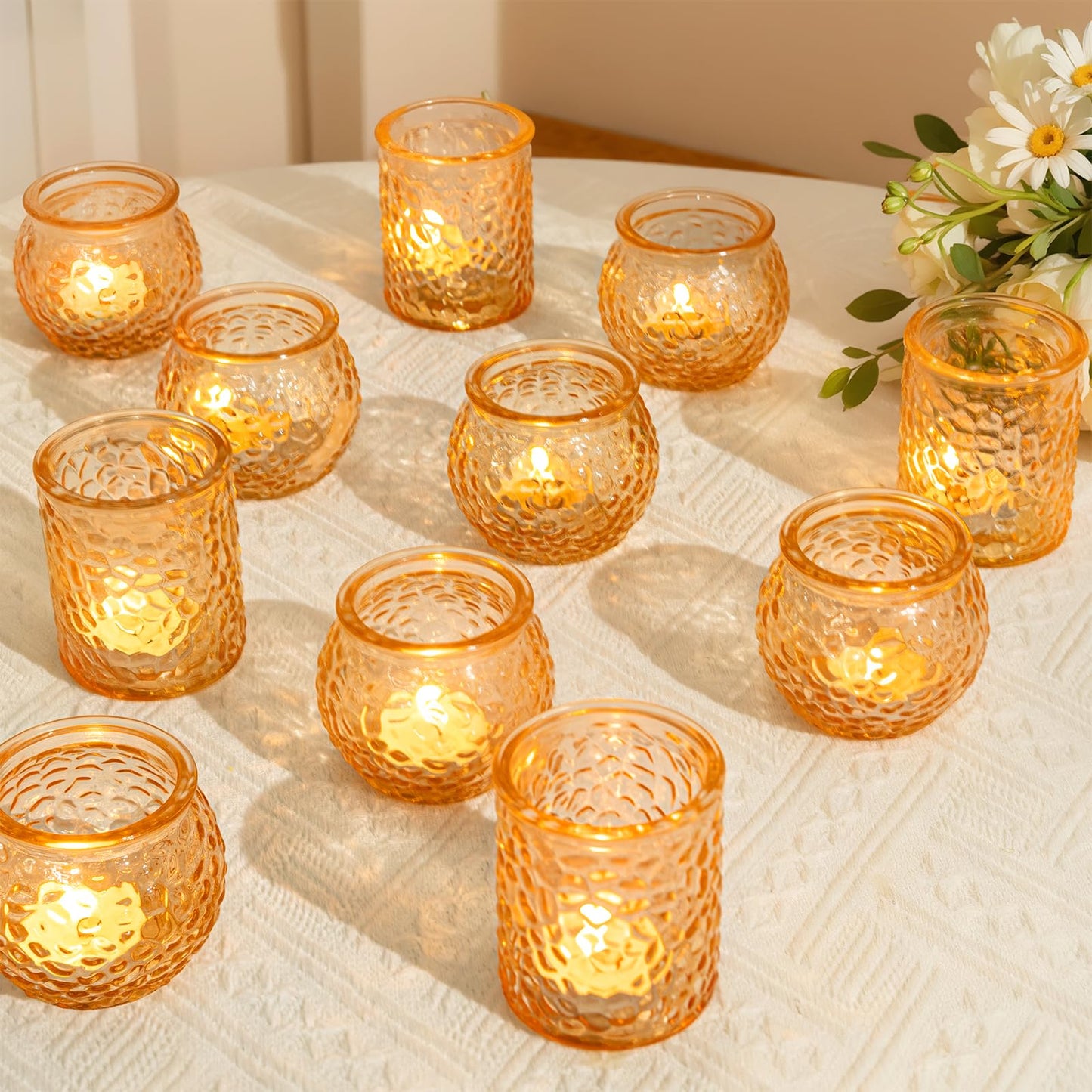 24-Piece Gold Glass Votive Candle Holders Set – Tealight Candle Holder Glass Bulk with 12 Round & 12 Hammered Textured Cups, Gold Votive Candle Holders for Weddings, Parties, Home