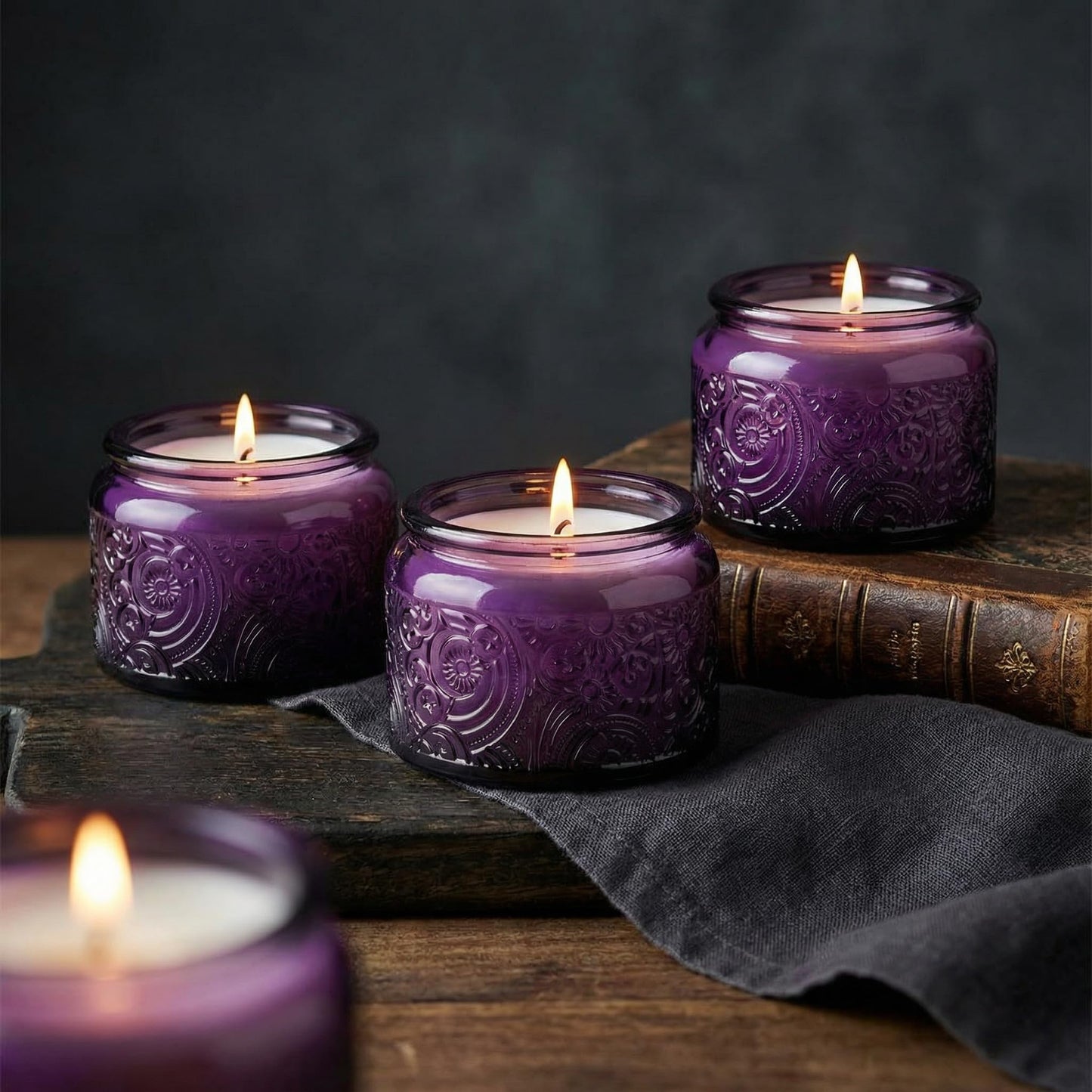 18-Pack 4oz Embossed Glass Candle Container with Bamboo Lids and Labels, Clear Candle Jars for Making Candles, Sun Moon Star Design (Purple)