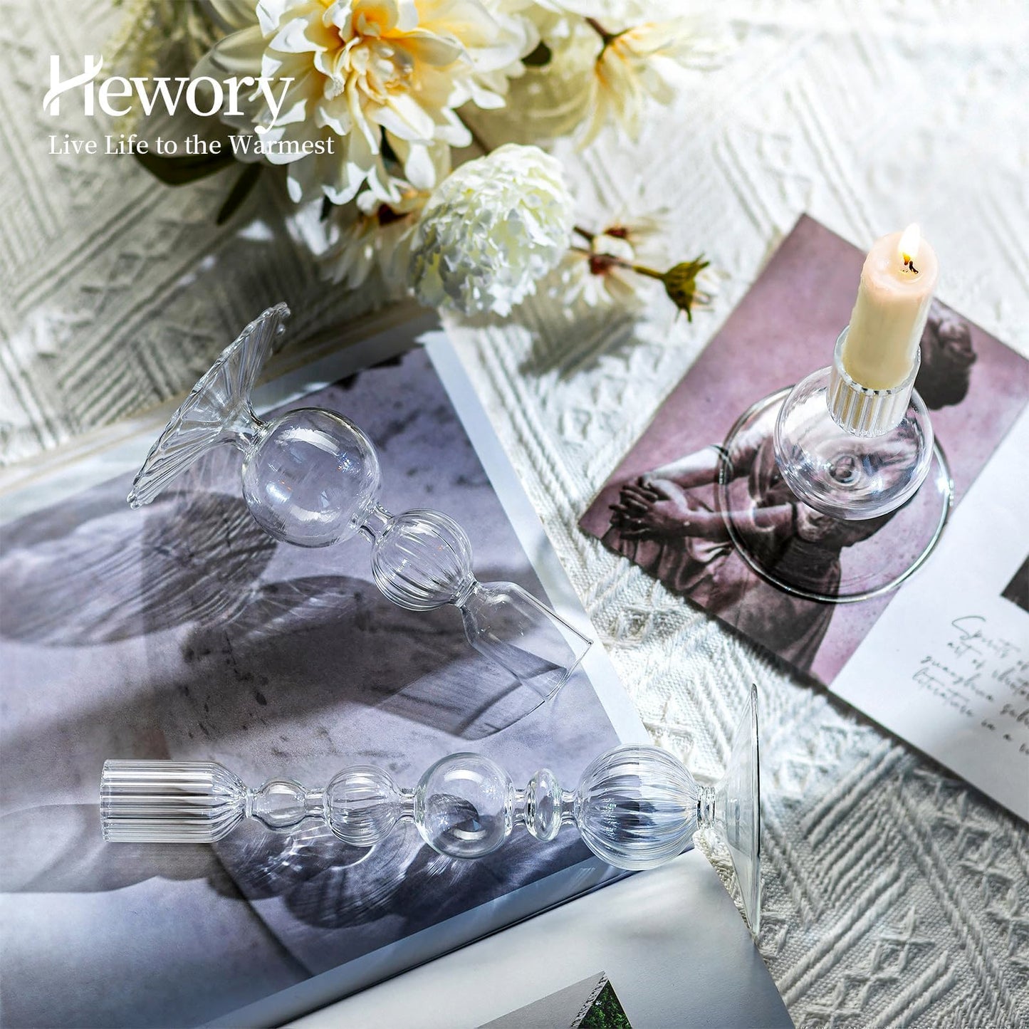 Hewory Glass Candlestick Holders Set: 3PCS Clear Candle Holder Taper Candle Holders Bulk, Crystal Ribbed Candle Sticks Holder Decor for Table Centerpiece Wedding Christmas Thanksgiving Dinner