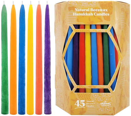 The Dreidel Company Dripless Hanukkah Candles Multicolored Beeswax, Hand-Made Striped Deluxe Tapered Decorations, Chanukkah Menorah Candles for All 8 Nights of Chanukah (Multicolor Beeswax)