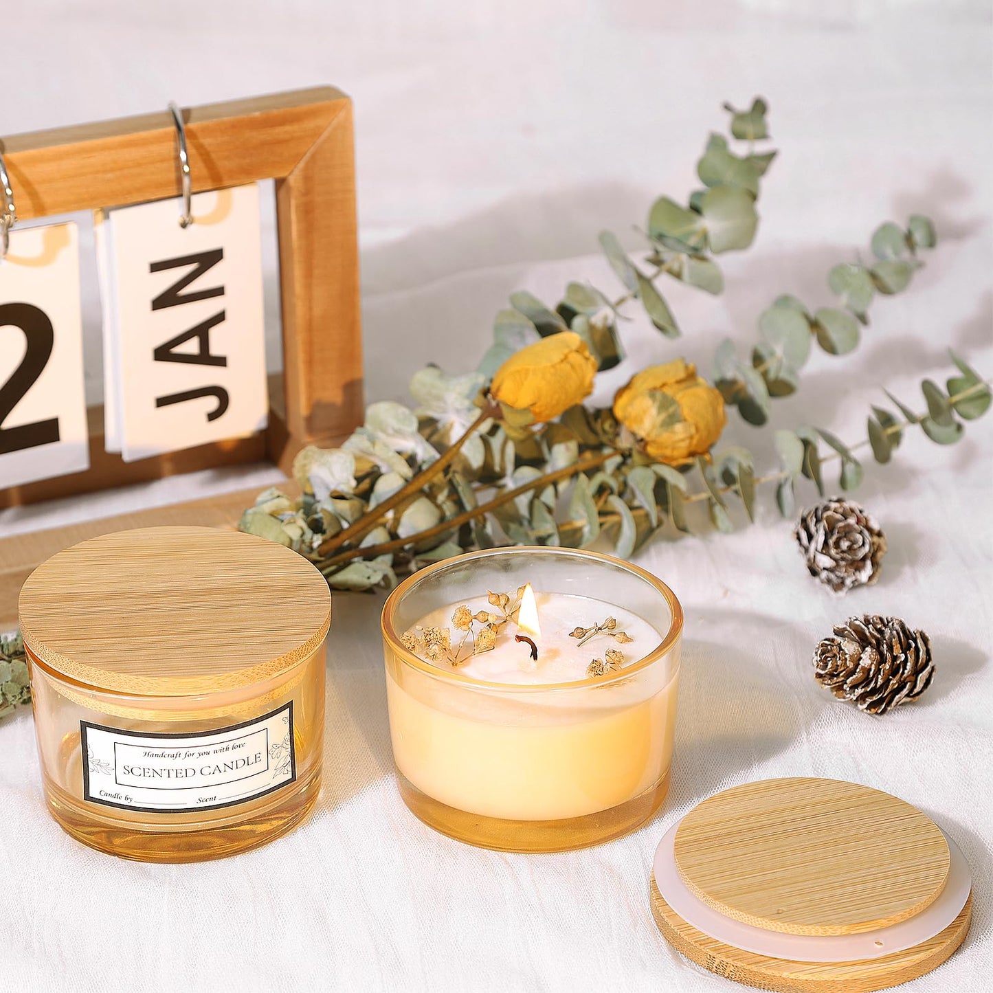 CONNOO 15 Pack 4 OZ Gold Amber Glass Candle Jars with Airtight Bamboo Lids for Making Candles, Bulk Small Wide Mouth Empty Candle Containers with Sticky Warning Labels - Dishwasher Safe, Champagne