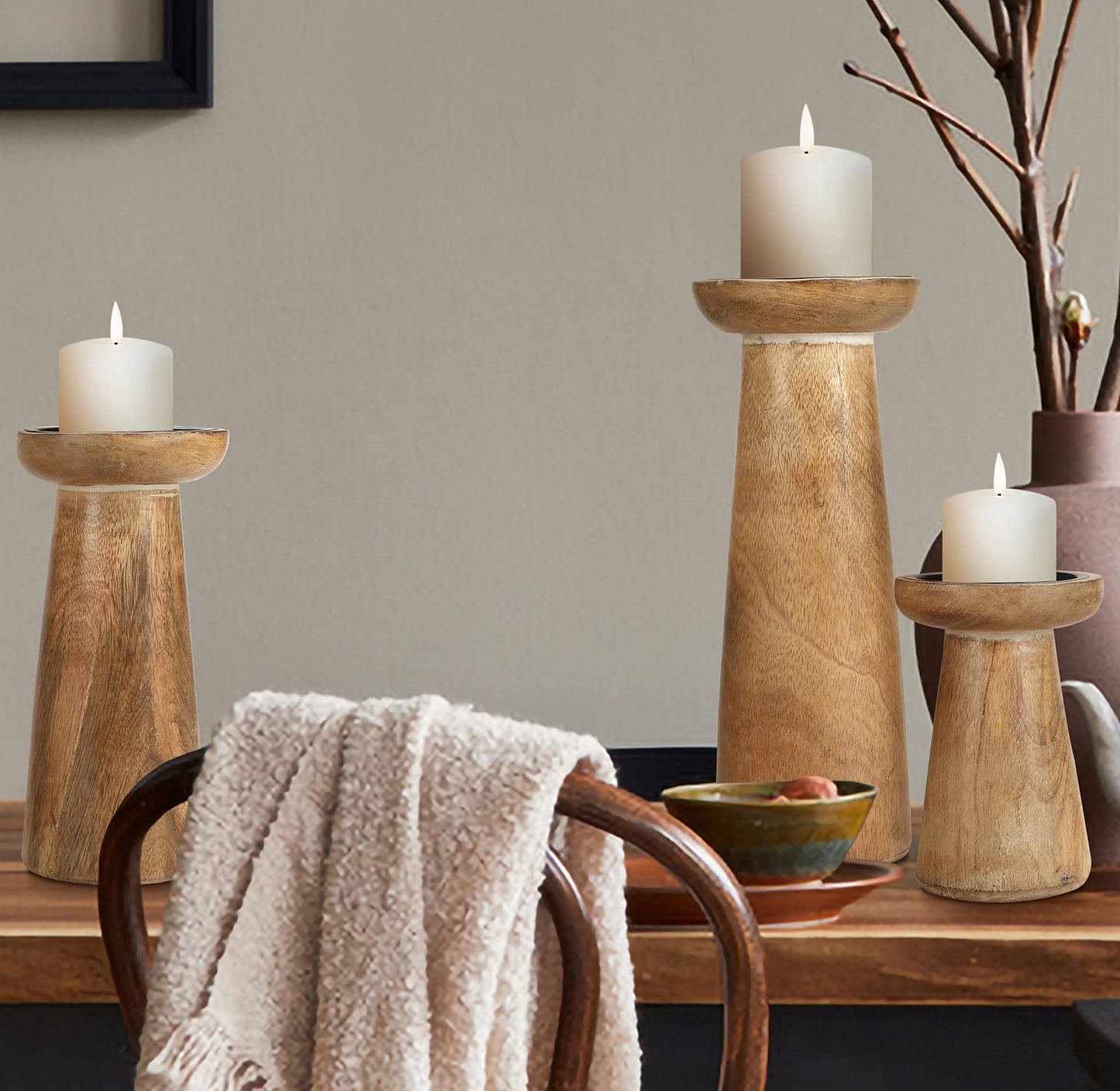 Hand Crafted Wooden Pillar Candle Holder Set of 3, Ideal for LED and Pillar Candle, Gift for Wedding, Christmas, Party, Home, Spa, Reiki, Aromatherapy, Votive Candle Garden - 10,8,6 Inch - White Wash