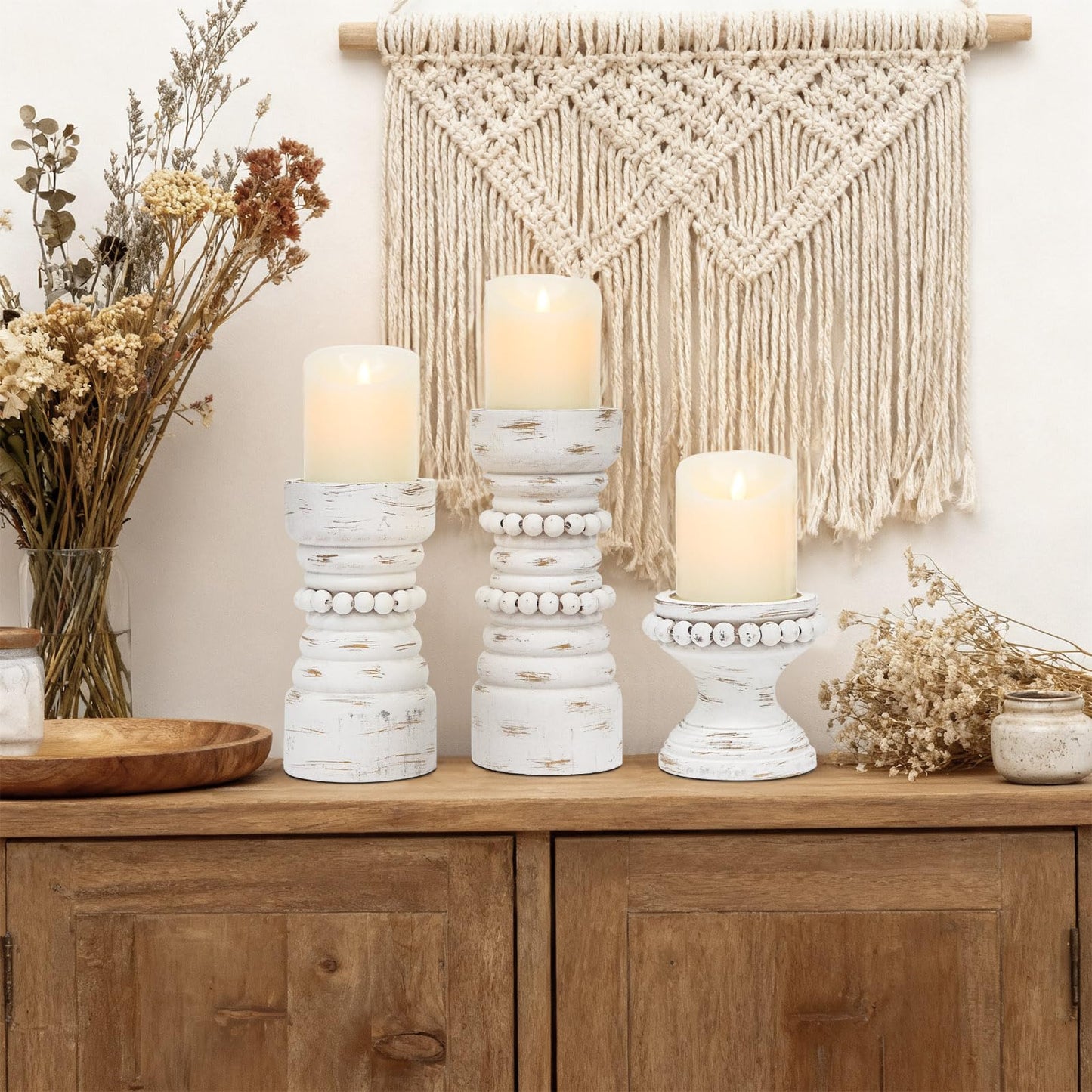 MODE HOME Rustic White Wood Candle Holders Set of 3, Farmhouse Beaded Wood Pillar Candle Holder, Candle Holders for Pillar Candles & Candlesticks, Candle Sticks Holder Decor for Table Centerpiece