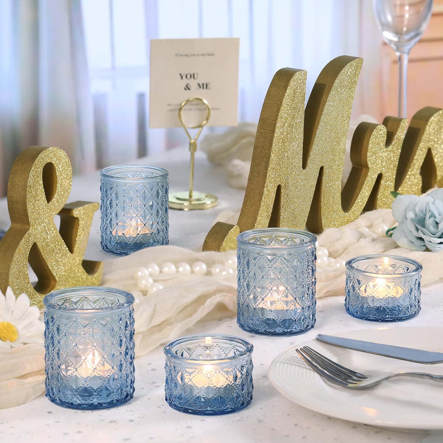MATAHUM 20 Pcs Blue Tealight Candle Holders,Glass Votive Candle Holders Bulk, 2 Sizes for Wedding Centerpieces, Beach Theme Bridal Shower, Baby Boy Shower, and Birthday Party Decor