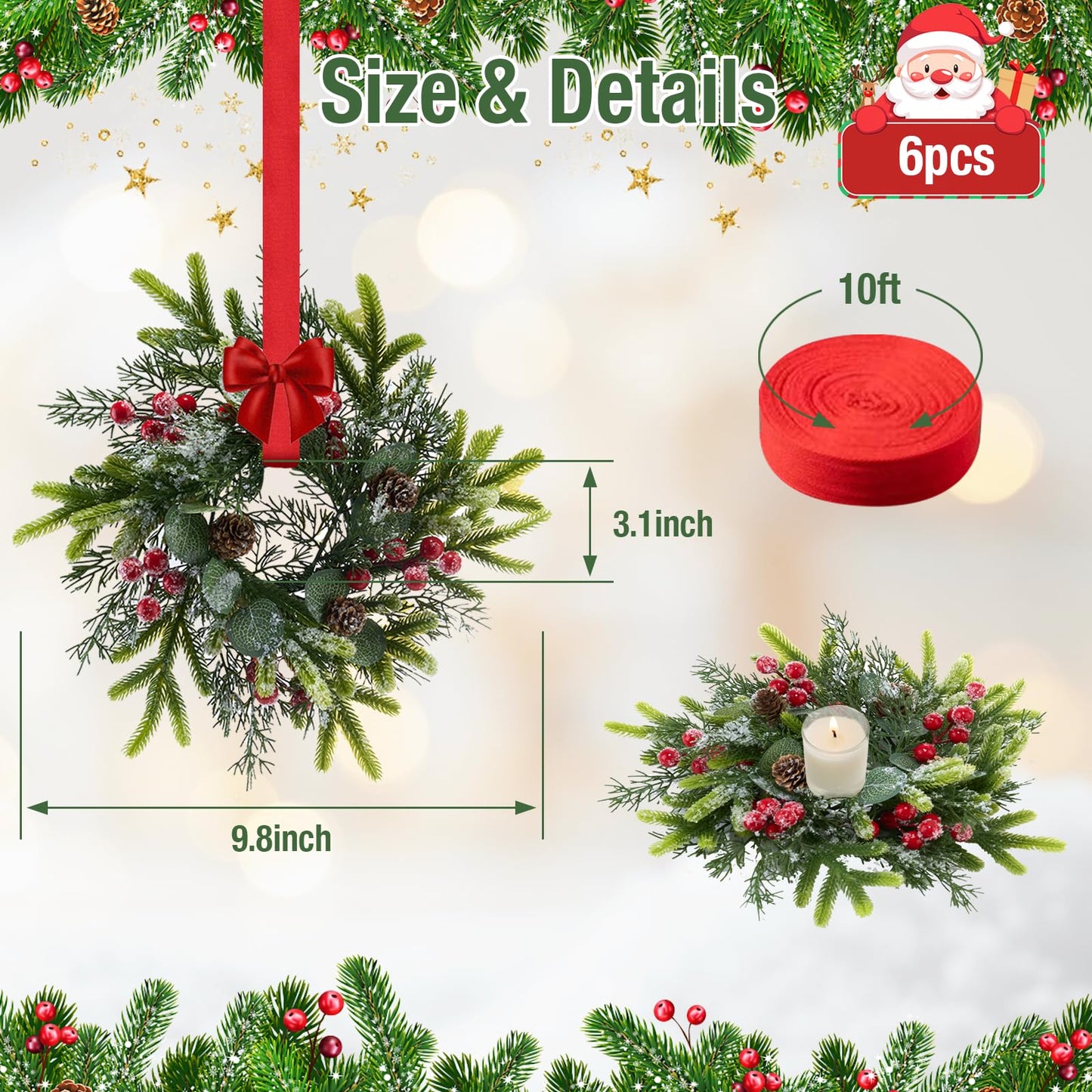 Tupetcs 9.8inch Christmas Wreath, 4Pcs Small Christmas Wreath Decorations for Home Front Door Porch Table Centerpieces Candle Rings Wall Window Cabinets Farmhouse Decorations