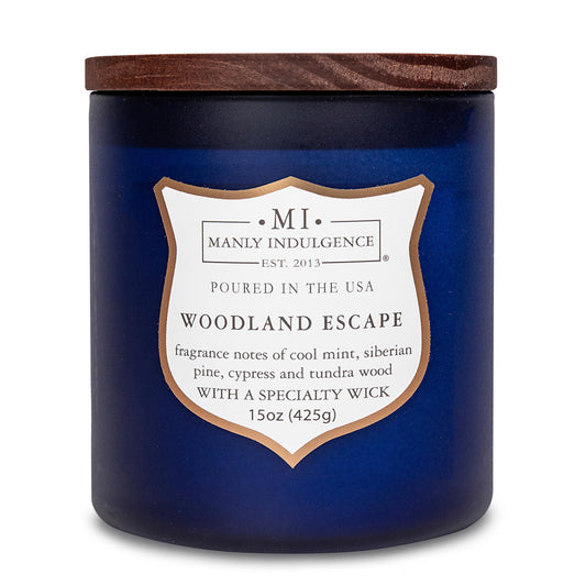 Manly Indulgence Woodland Escape Scented Candles for Men, 15 oz Wooden Wick, Premium Soy Blend Wax, 60H Burn, Candles for Home Scented - Made in The USA
