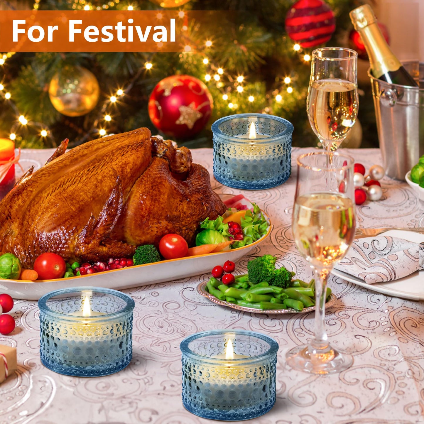 JOYIT Blue Votive Candle Holders Bulk Set of 4, Tealight Candle Holder for Wedding Table Centerpiece, Glass Small Candle Holders for Birthday Party, Valentine's Day, Home Decor (2''X 1.4'')