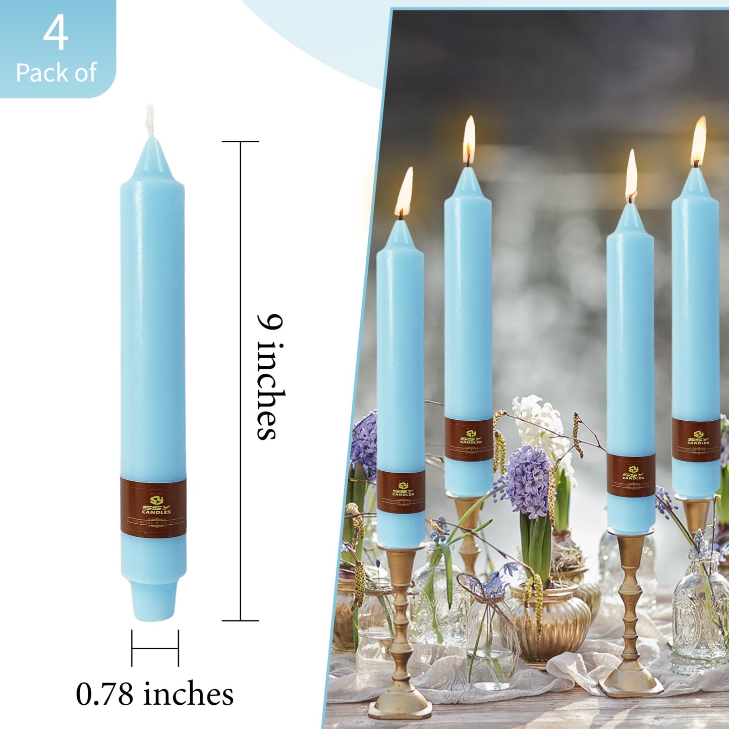 Blue Taper Candles 9 inch - 4 Pack Fat Candle Taper Candles Dripless, Smokeless, Unscented Hand Poured Tall Candlesticks - Perfect for Home Decor, Weddings, and Special Occasions