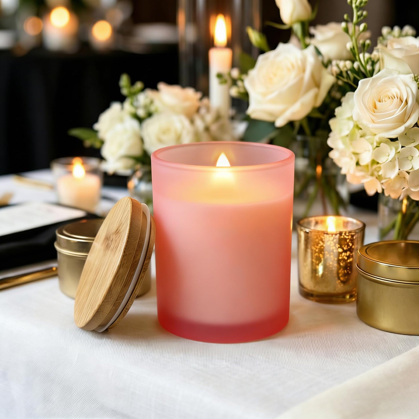 COYACOOL 12PCS Candle Jars for Making Candles, 7 oz Thick Empty Glass Candle Making Jars with Bamboo Lids, in Bulk, Frosted Pink