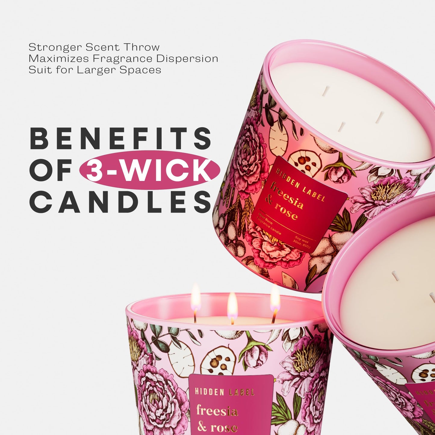 Freesia Rose Scented Candle, 30oz 3-Wick Natural Soy Wax, Up to 100 Hours Long-Lasting Clean Burn, Non Toxic Large Jar Aromatherapy Candle, Freesia Rose, Gifts for Women