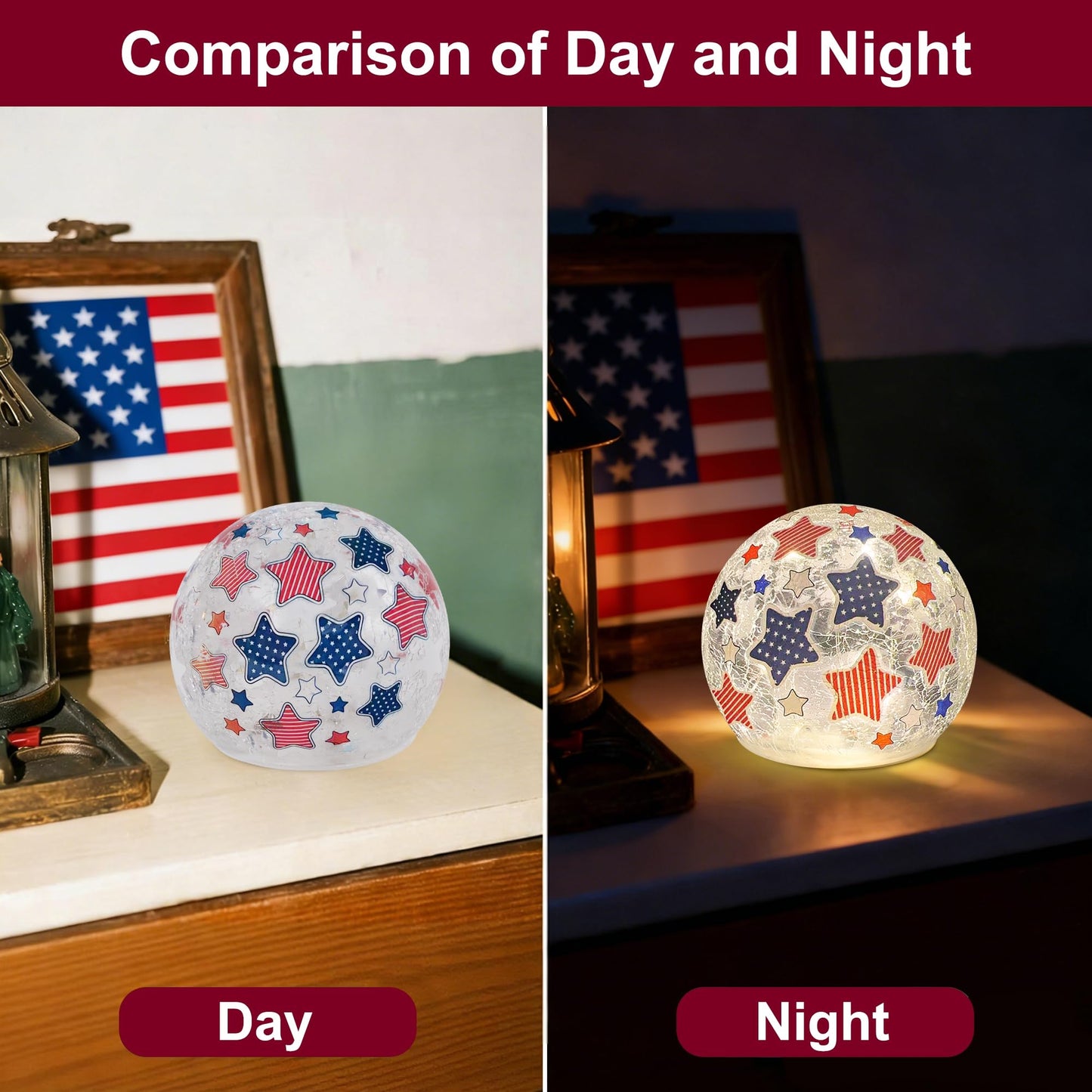 3PCS Independence Day Decorative Lights, 3.93-inch Independence Day Desktop Decoration LED Night Light, Cracked Glass Ball Light with Timer, 4th of July Decoration (red Five-Pointed Star)