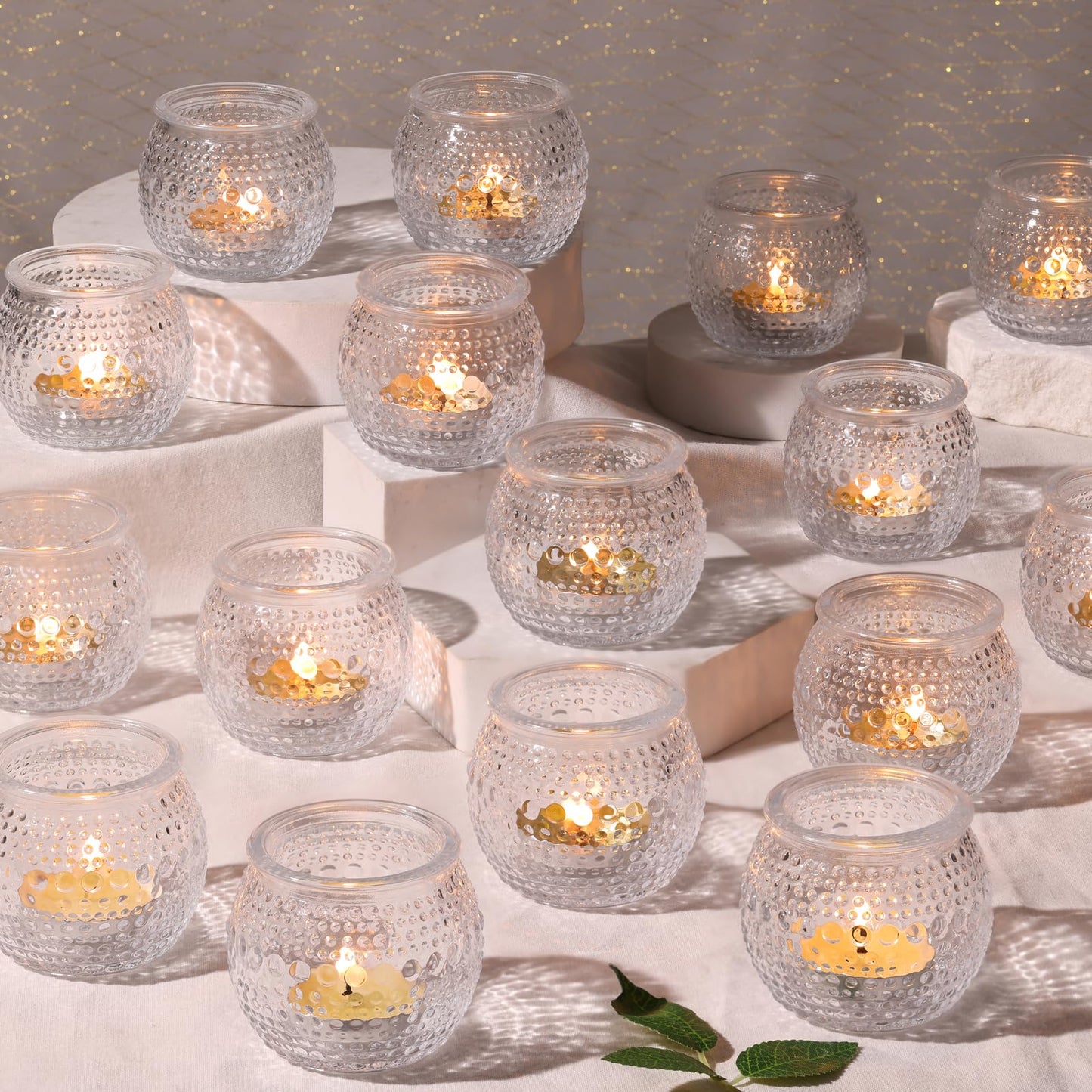 16 Pcs Clear Tea Light Holders, Round Glass Candle Holders with Polka Dot Embossed for Table Centerpiece, Votive Candle Holders for Weddings, Home Decor, Baby Shower, Special Occasions