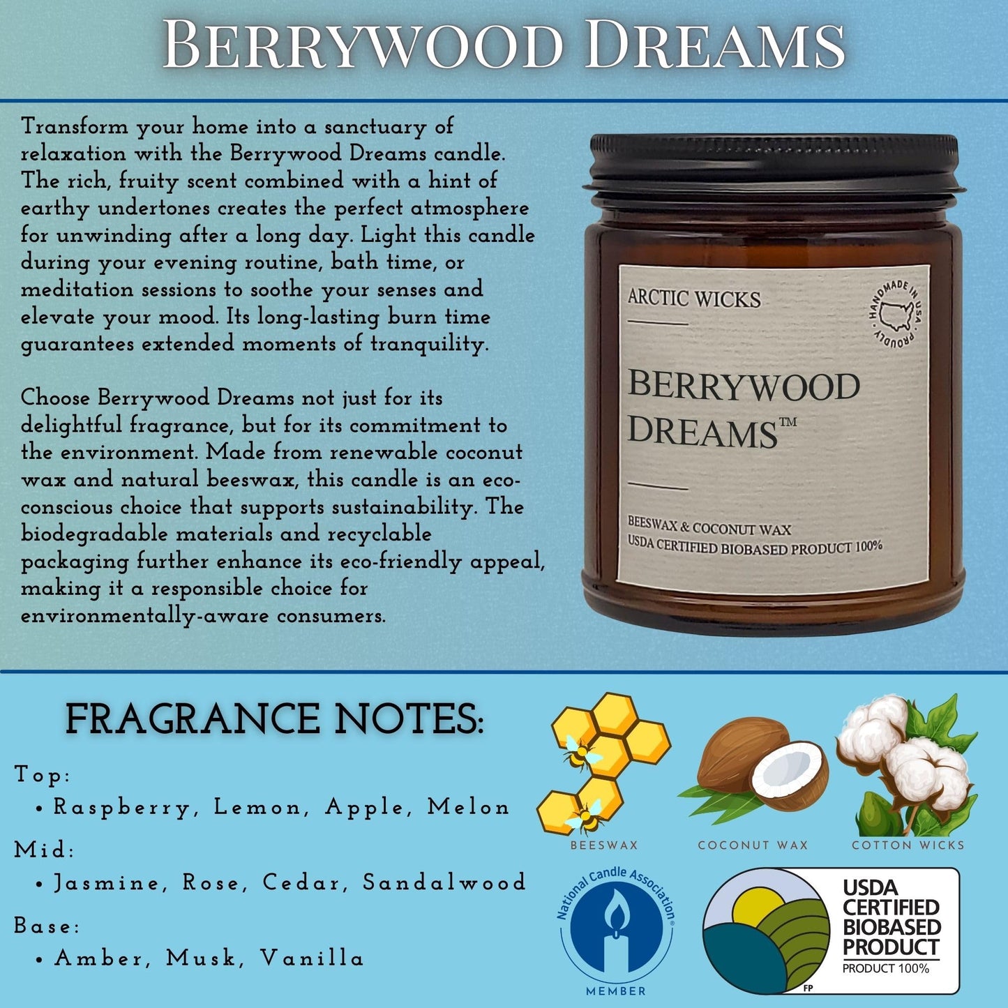 Arctic Wicks Scented Coconut Beeswax Candles | Coconut Beeswax Non Toxic Candle 9oz Amber | Farmhouse Candles Non-Toxic Clean Burn 100% USDA Certified Biobased (Berrywood Dreams)