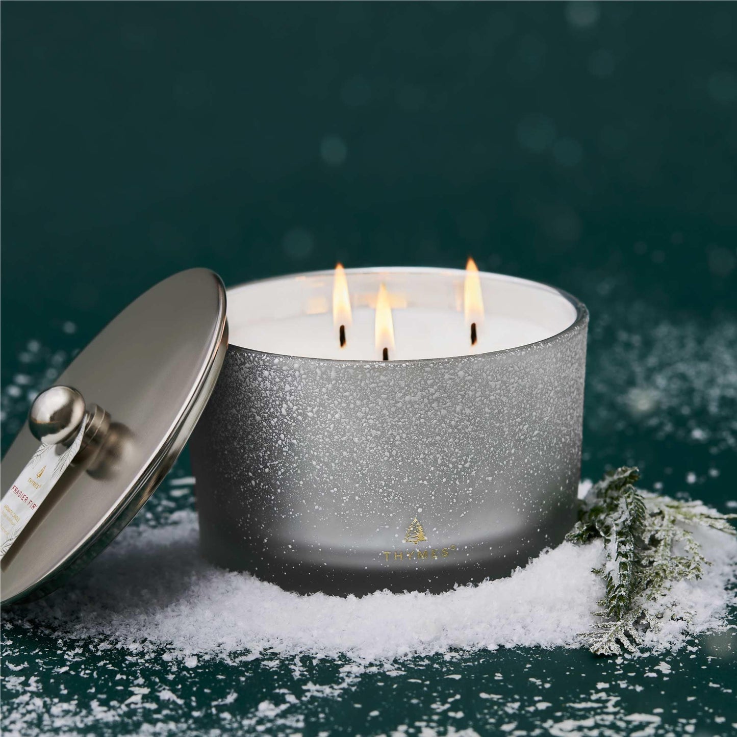 Thymes Frasier Fir Flocked Jar Candles – Holiday Scented Candles for Home with Notes of Crisp Siberian Fir, Cedarwood & Sandalwood – Luxury Home Decor Gifts for Women & Men (3-Wick, 18 oz)