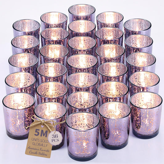Letine 36pcs Purple Glass Candle Holder Bulk - Ideal Spring Summer Decor for Wedding Centerpiece Table，Valentine's Day