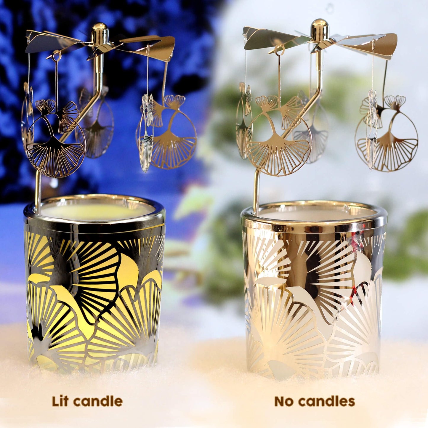 Candle Carousel Rotary Candle Holder Christmas Carousel Spinning Tealight Candleholder Christmas Decoration Centerpieces for Tables Valentine Easter (Gold Ginkgo Leaf)
