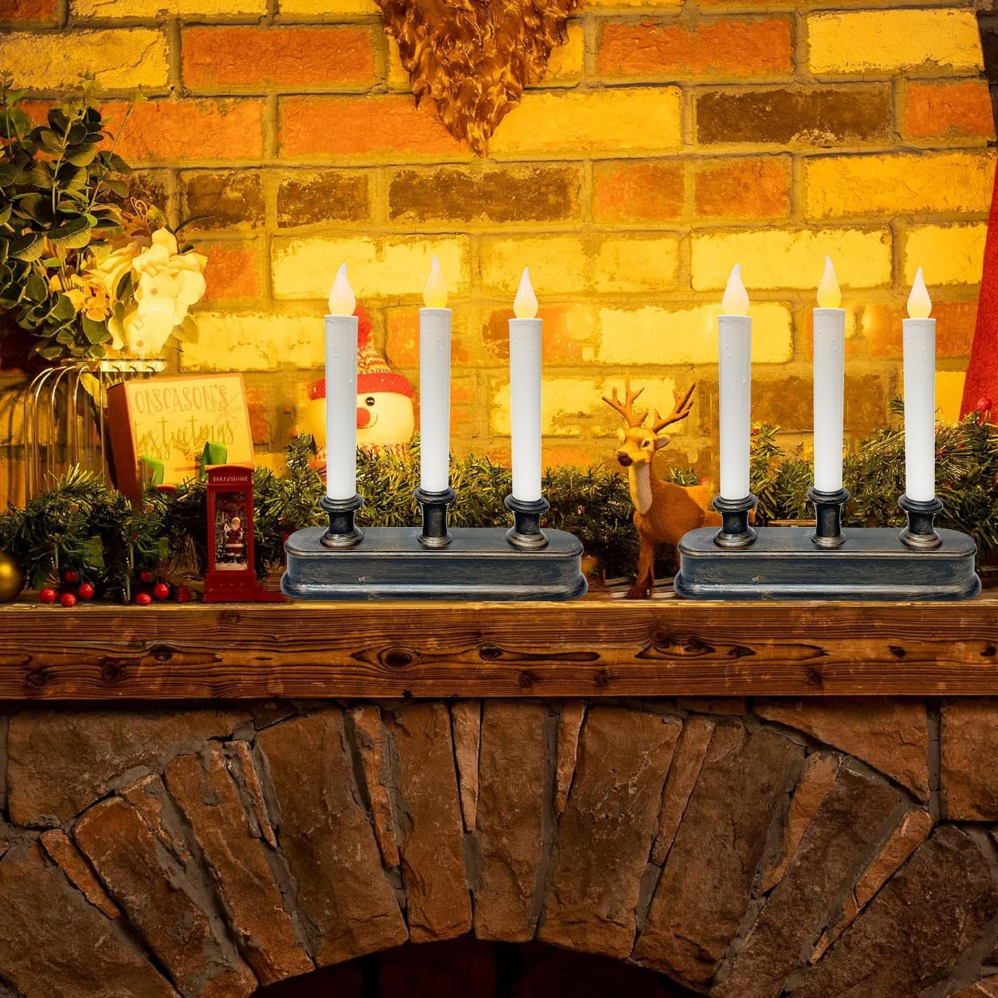 Christmas Window Candle - 3 Light Battery Operated LED Window Candelabra with Dusk to Dawn Light Sensor, Flicker Flameless Candle Lamps for Home Table Party Christmas Decoration, Bronze Base