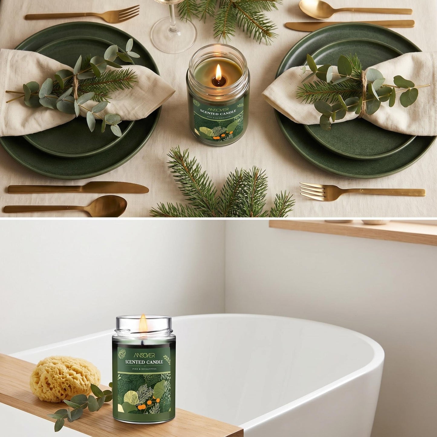 Scented Soy Candle, Aromatherapy Jar Candles for Home Scented, Long Lasting with 70 Hour Burn Time 11oz, Gifts, Soy Candles Scents of (Pine & Eucalyptus)