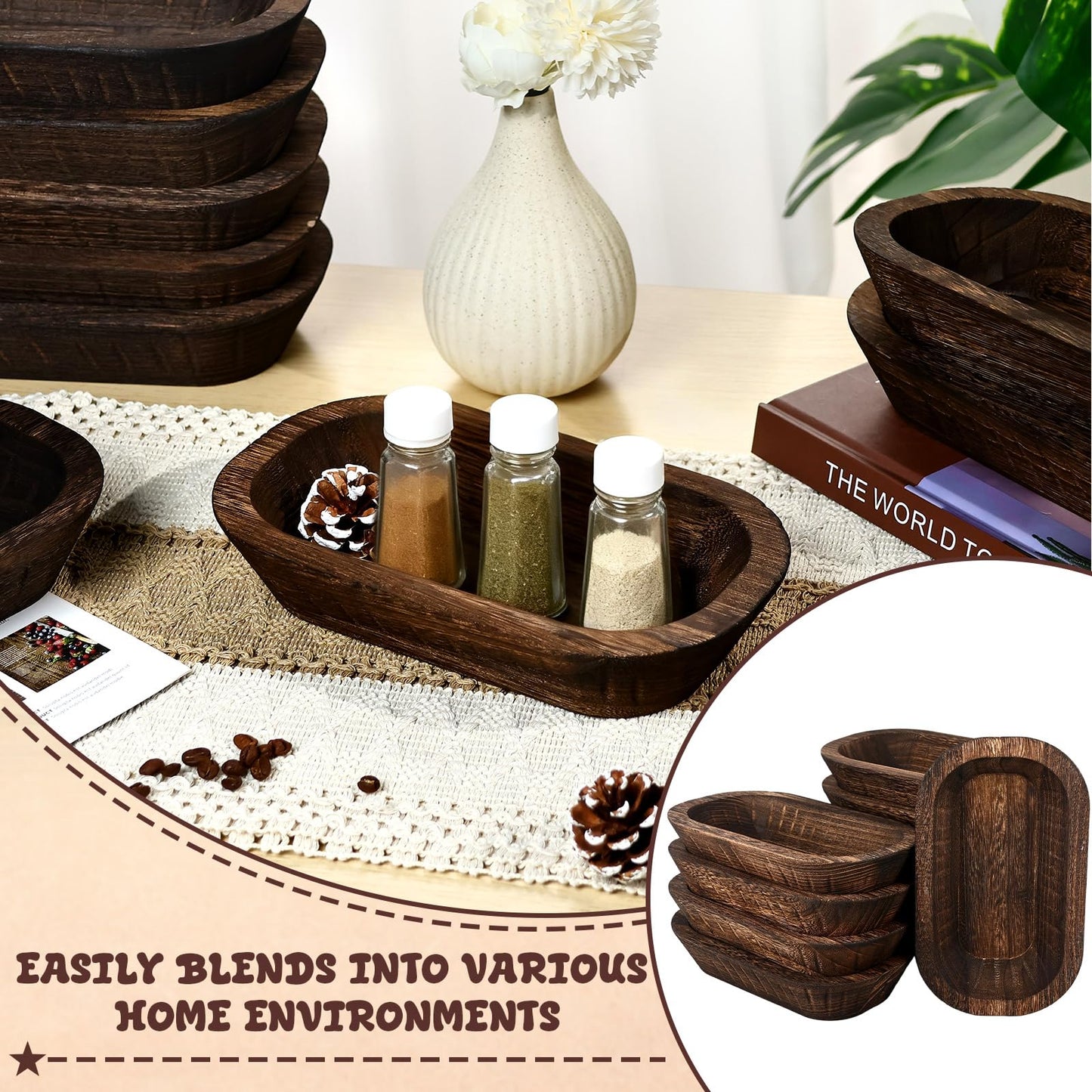 ONESIXEC 10 Pack Wood Decorative Bowls Long Heavy Handmade Carved Key Bowl for Entryway Table Home Decor Rustic Boho Decor Bowls for Candle Making Potpourri Catch (9.4" x 5.5" x 1.7")