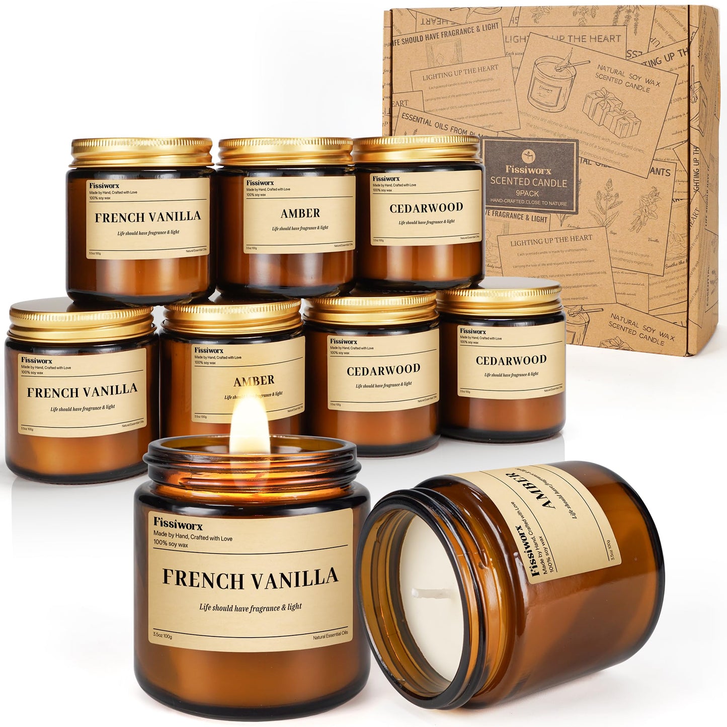 9 Pack Soy Candles for Home Scented |（Vanilla/Amber/Cedarwood） Long-Lasting 270 Hours, Natural Scented Candles Gift for Women & Men, Birthday, Mother’s Day, Christmas, Thanksgiving