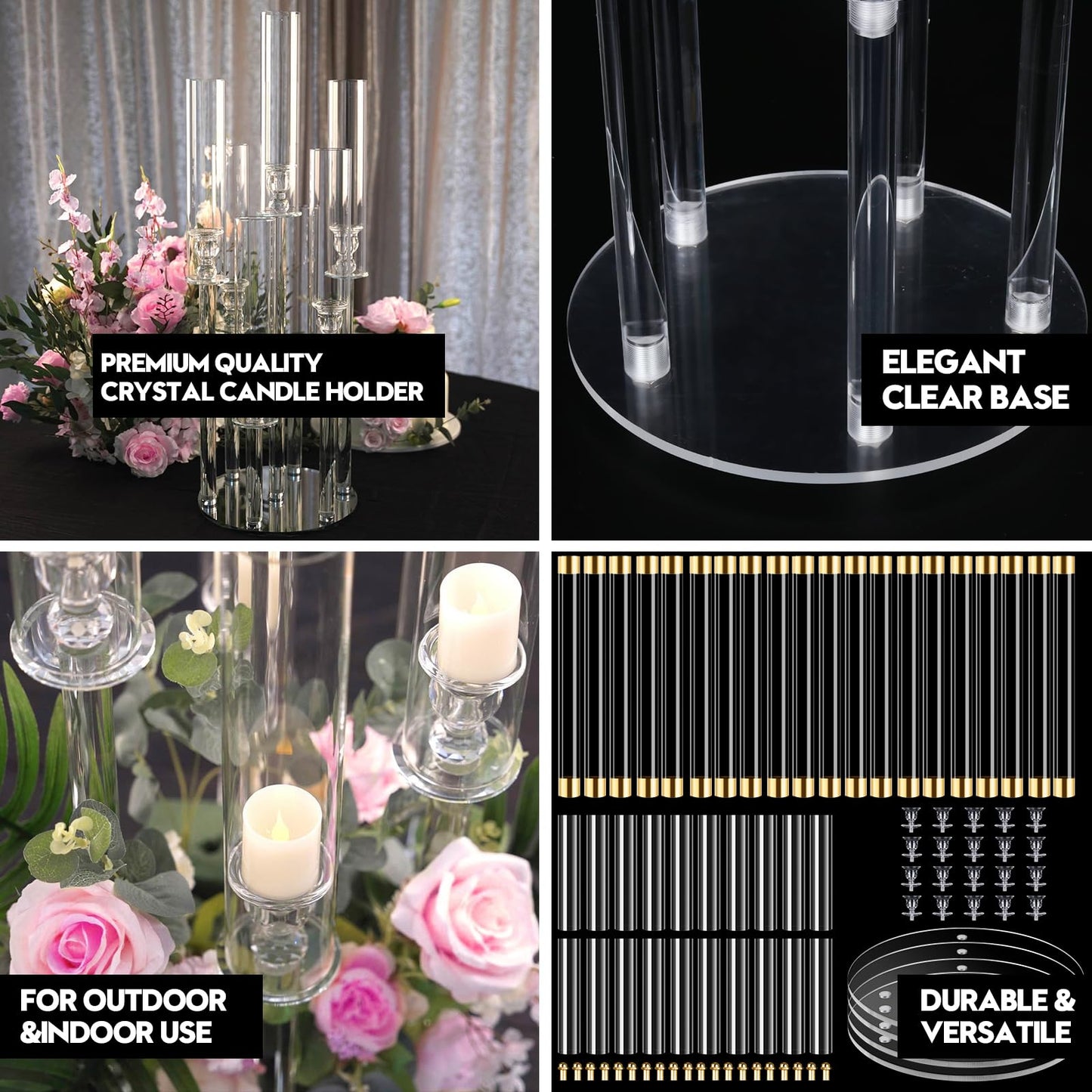 4 Set 5 Arm Acrylic Candle Holder, Mjkeomo 26'' Tall Candelabra Centerpieces for Tables Clear Candlesticks Holder with Lampshade for Housewarming Gift Fireplace Dinner Decor Fit 0.82'' LED Candle