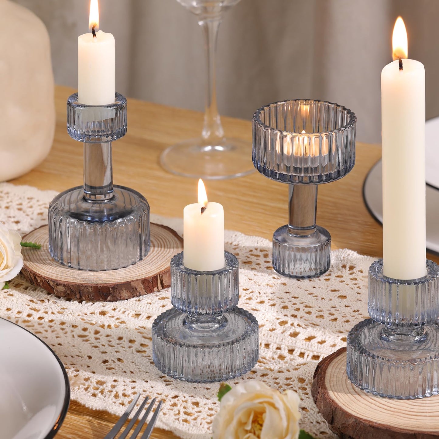 Candlestick Holders Bulk, 6 Pcs Blue Combination Candle Holders Set, Crystal Candle Holders for Wedding, Table Centerpiece, Home Decoration