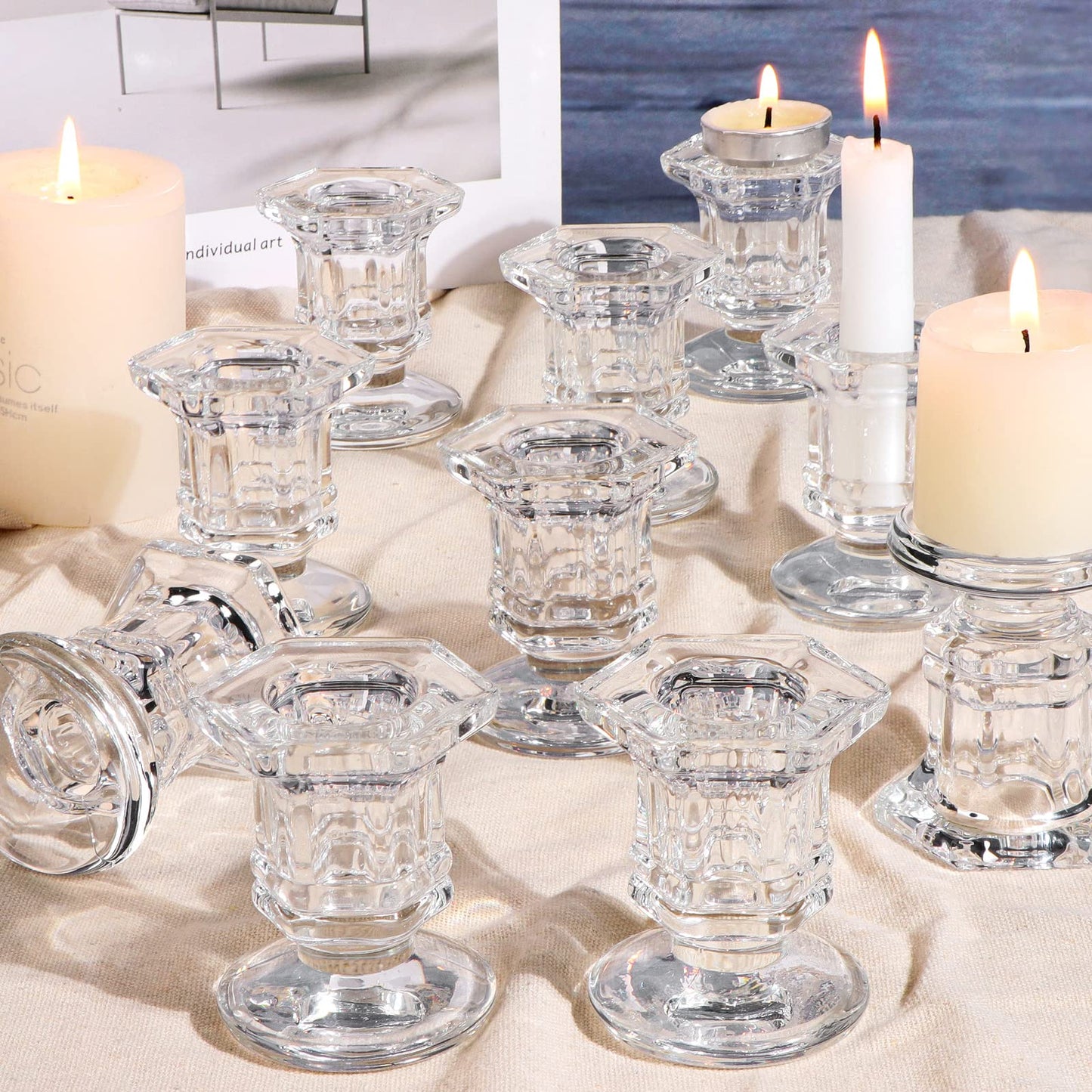 Lanttu 12 Pcs Clear Candlestick Holders Bulk, Glass Candle Holders Set Clear, Crystal Taper Candle Holder for Wedding, Table Centerpiece, Home Decoration