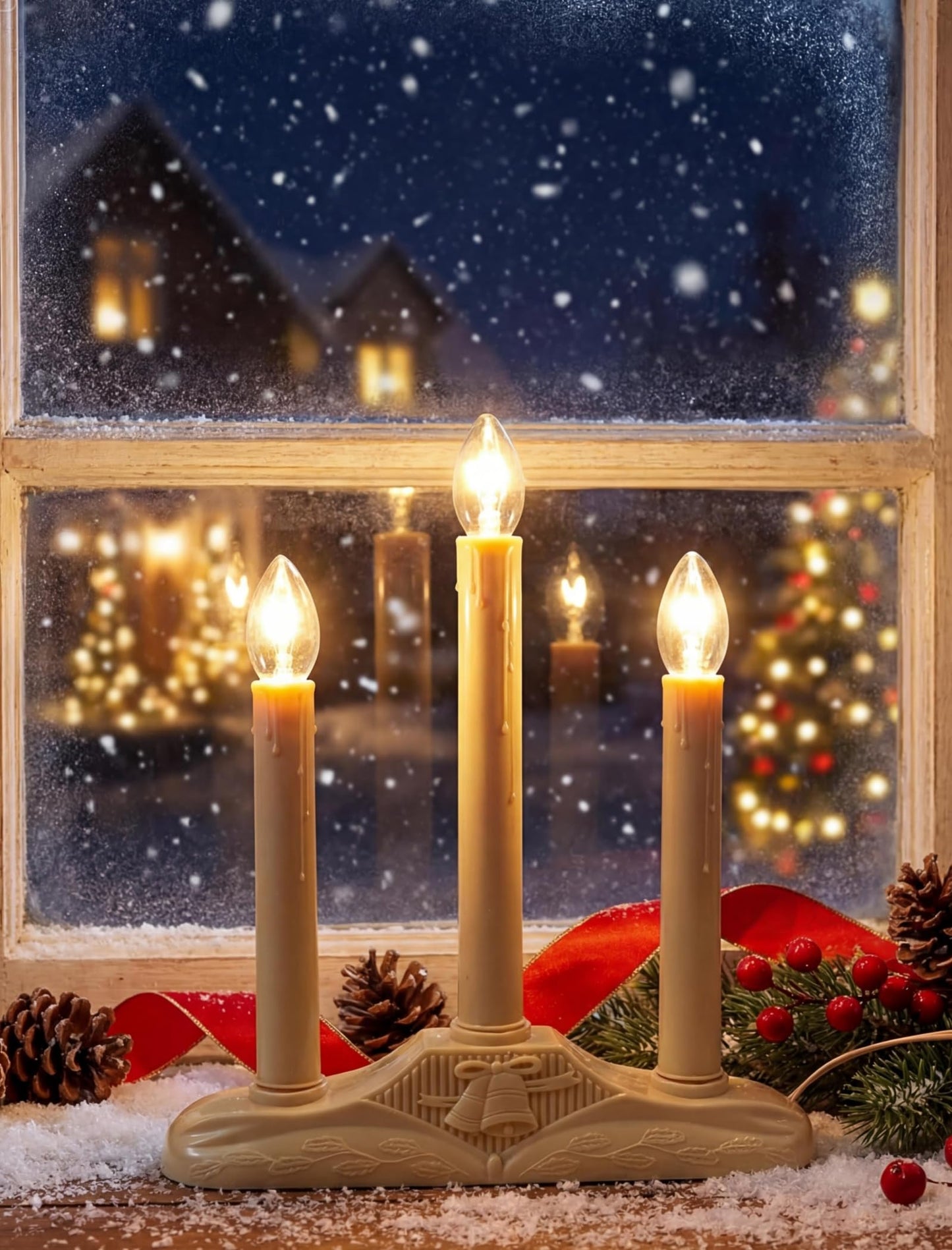 Pallerina 3 Light Christmas Window Candles, Electric Window Candles with 4 C7 Light Bulbs, Plug in Electric Candle for Christmas Party Home Decorating Restaurant Table Décor, Ivory -1 Pack