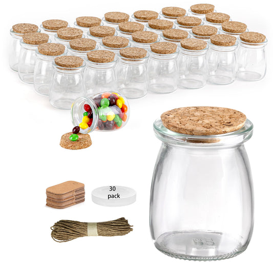 30 Pack Glass Favor Mini Jars, 3.4 oz Small Jars with Cork Lids, Pudding Containers with Lids, Apothecary, Candle Making with Fun, Gift for Candy, Wedding Favors Honey Pot, with Label Tags and String